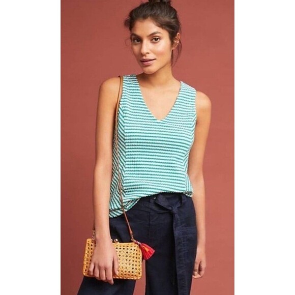 Maeve Tops - Anthropologie MAEVE Textured Green & White Striped FRANCONIA Tank Top Small